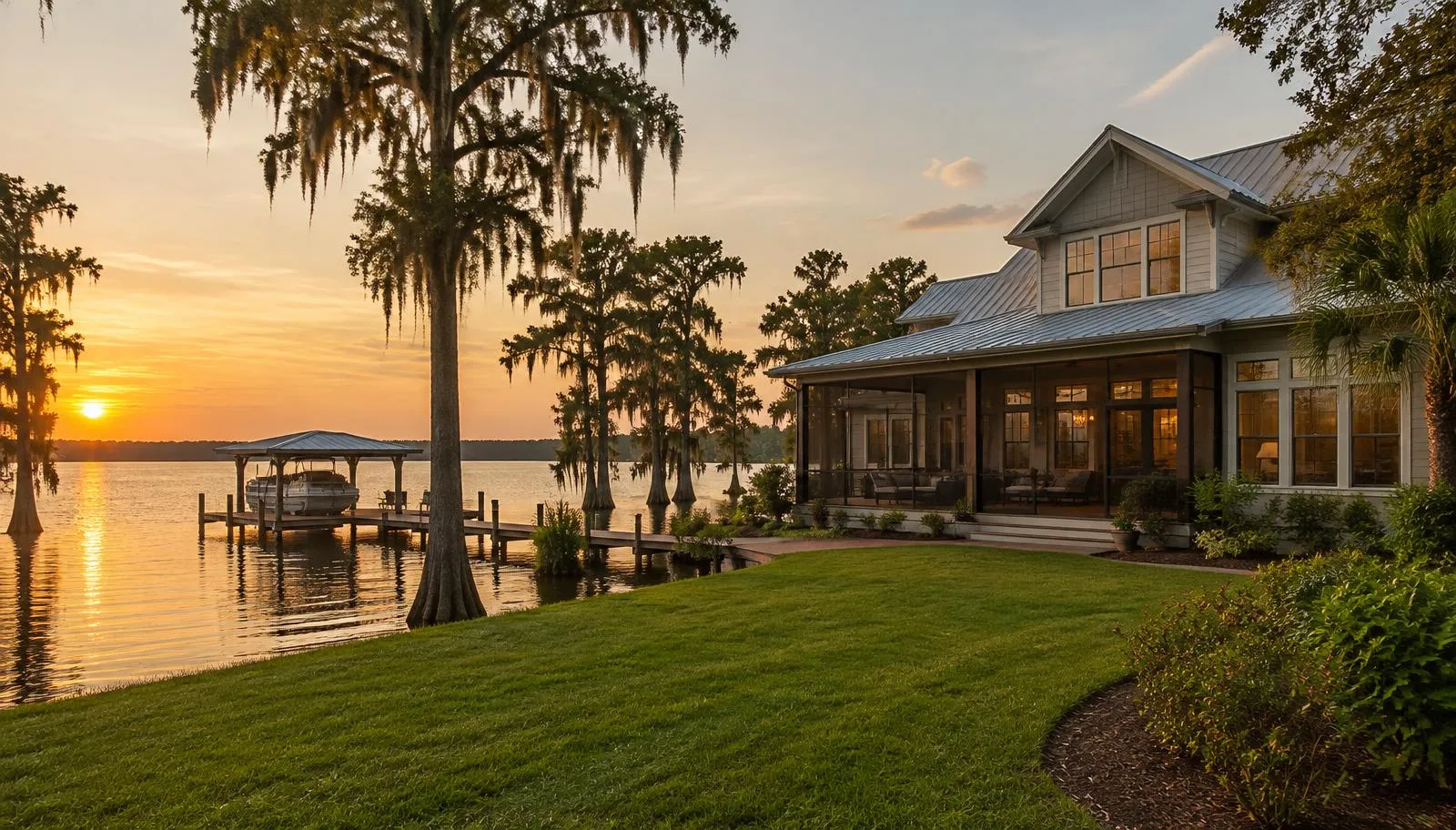 Lakefront home at golden hour