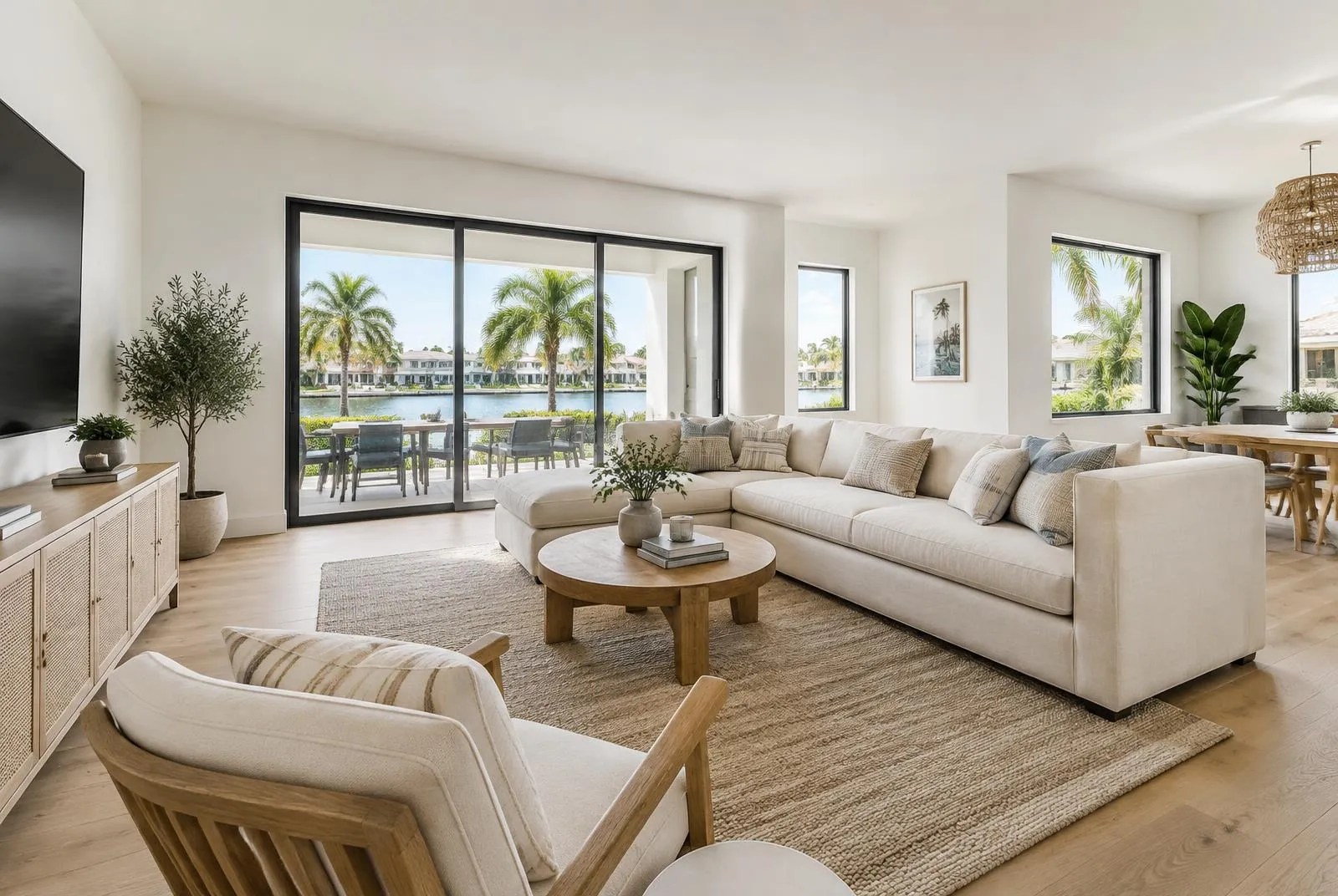 Sunlit Florida living room with a view of the lake