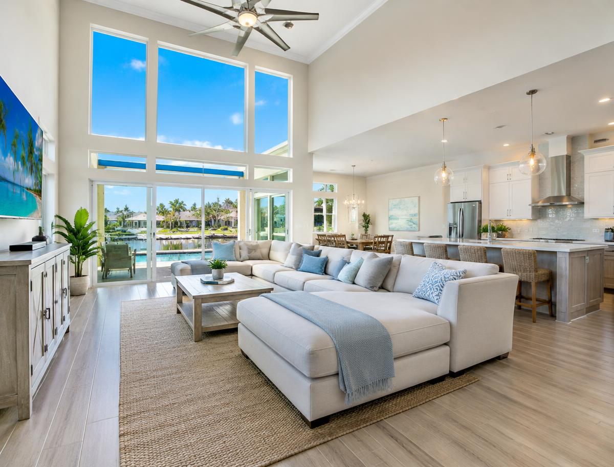 Bright open-plan Florida living room and kitchen in natural light