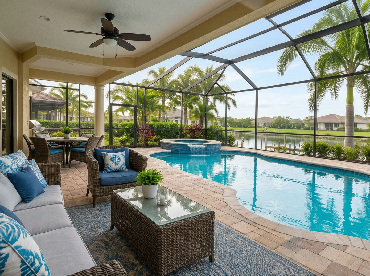 Screened lanai, seating area and pool in bright natural daylight